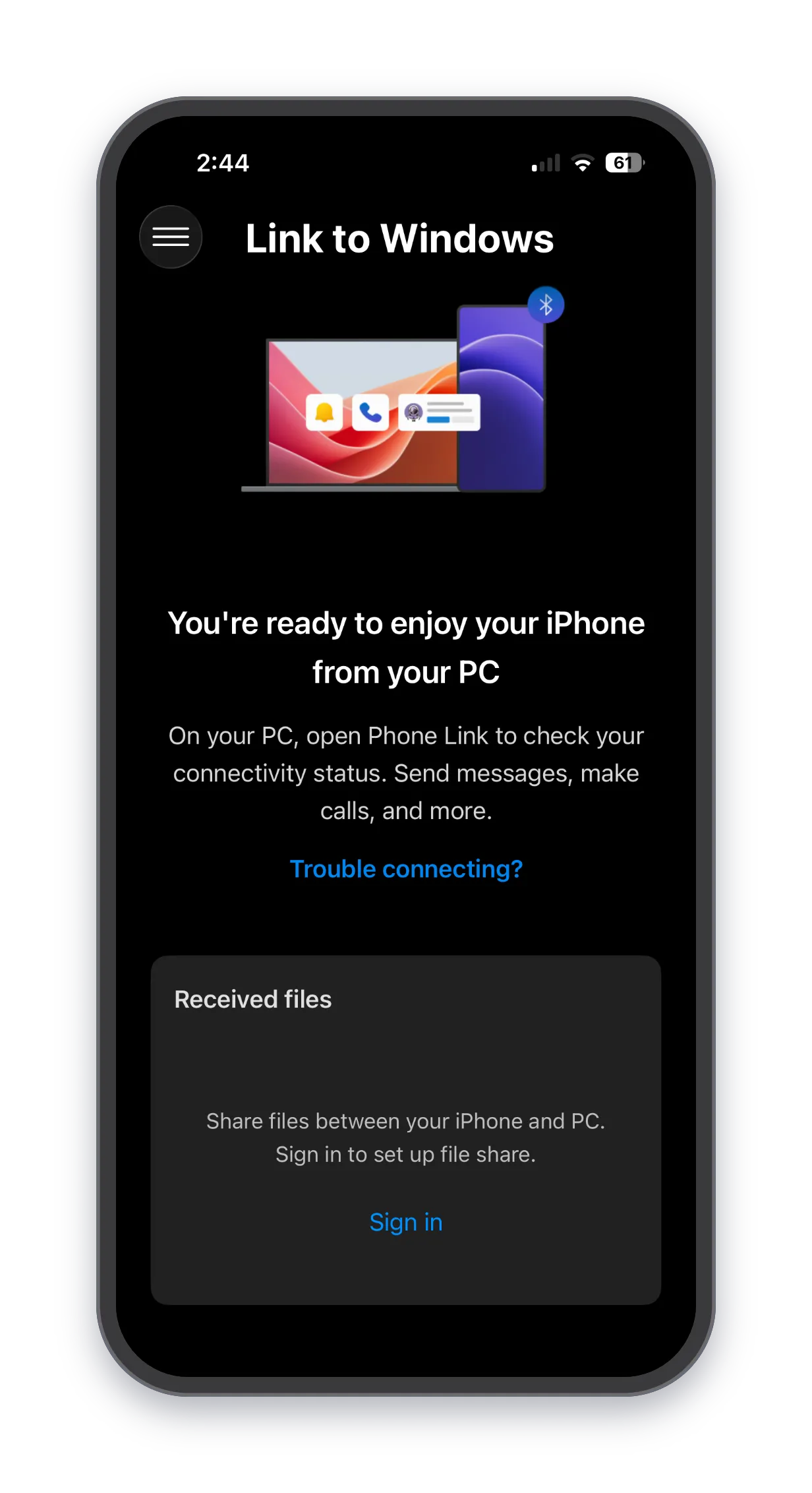 Link to Windows on iPhone showing Sign in to set up file share