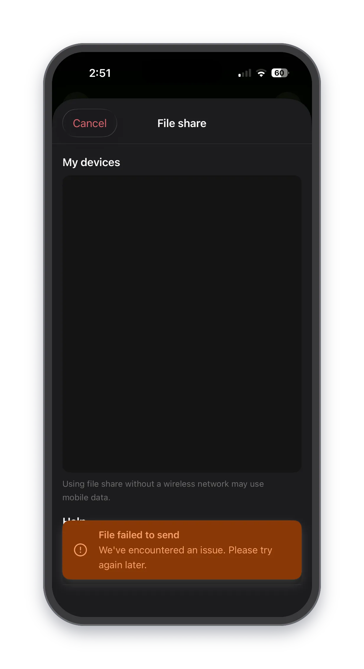 iPhone — "File failed to send. We are unable to reach [PC name]. Please make sure your PC is unblocked and try again."