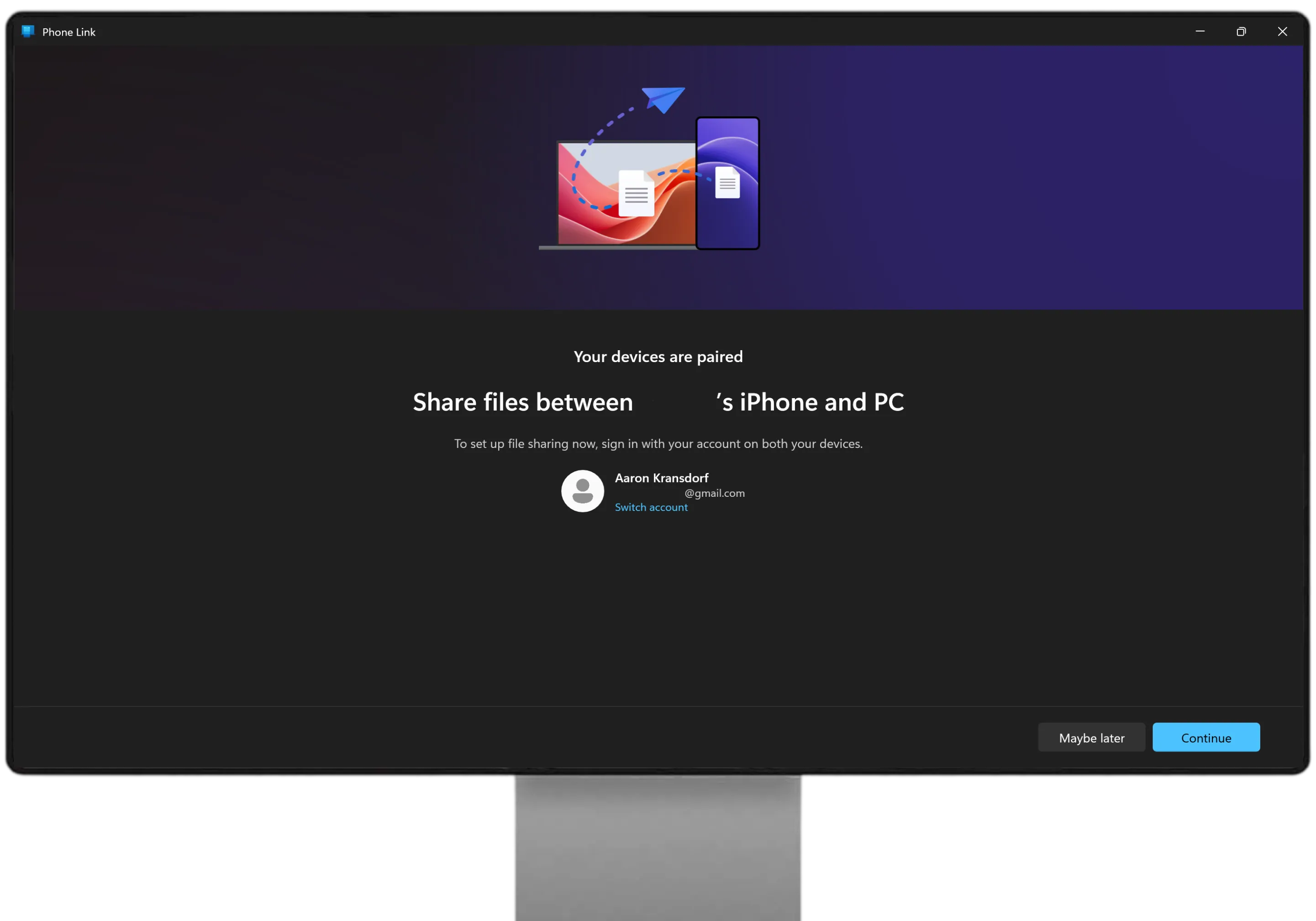 PC — "Share files between iPhone and PC — To set up file sharing now, sign in with your account on both your devices"