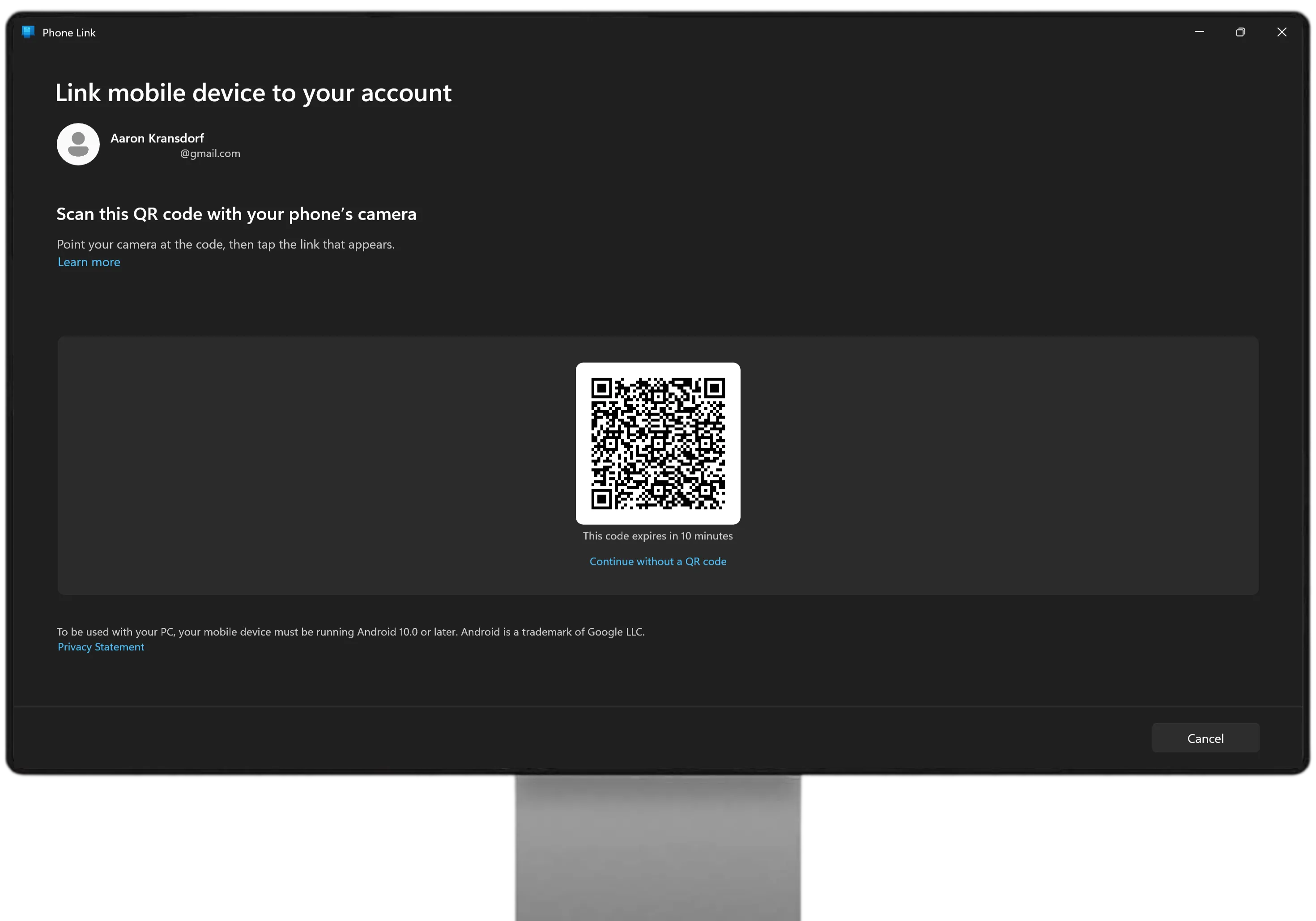PC — "Link mobile device to your account"
