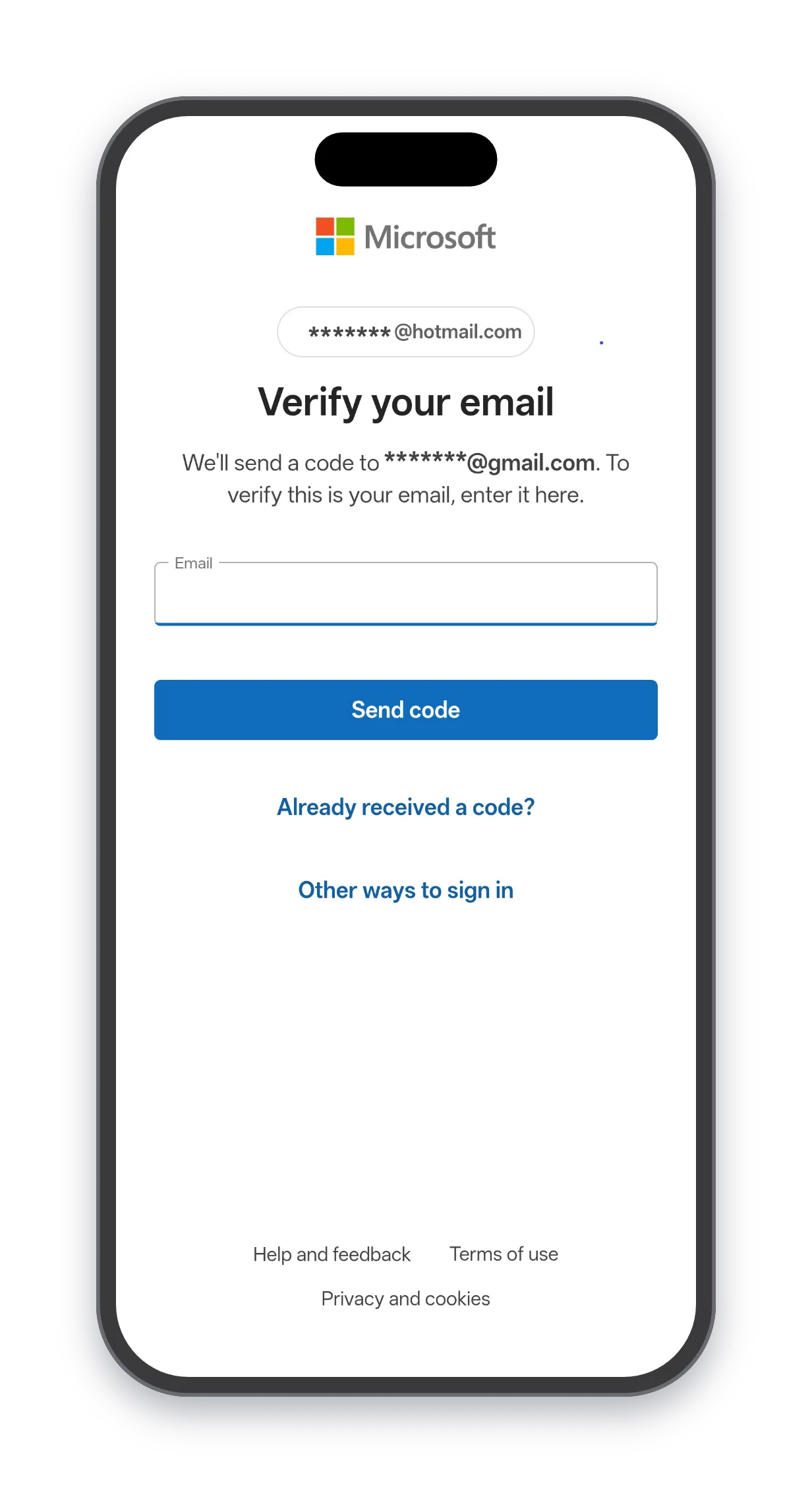phone — "We'll send a code to your email address to verify this is your email. Enter it here."