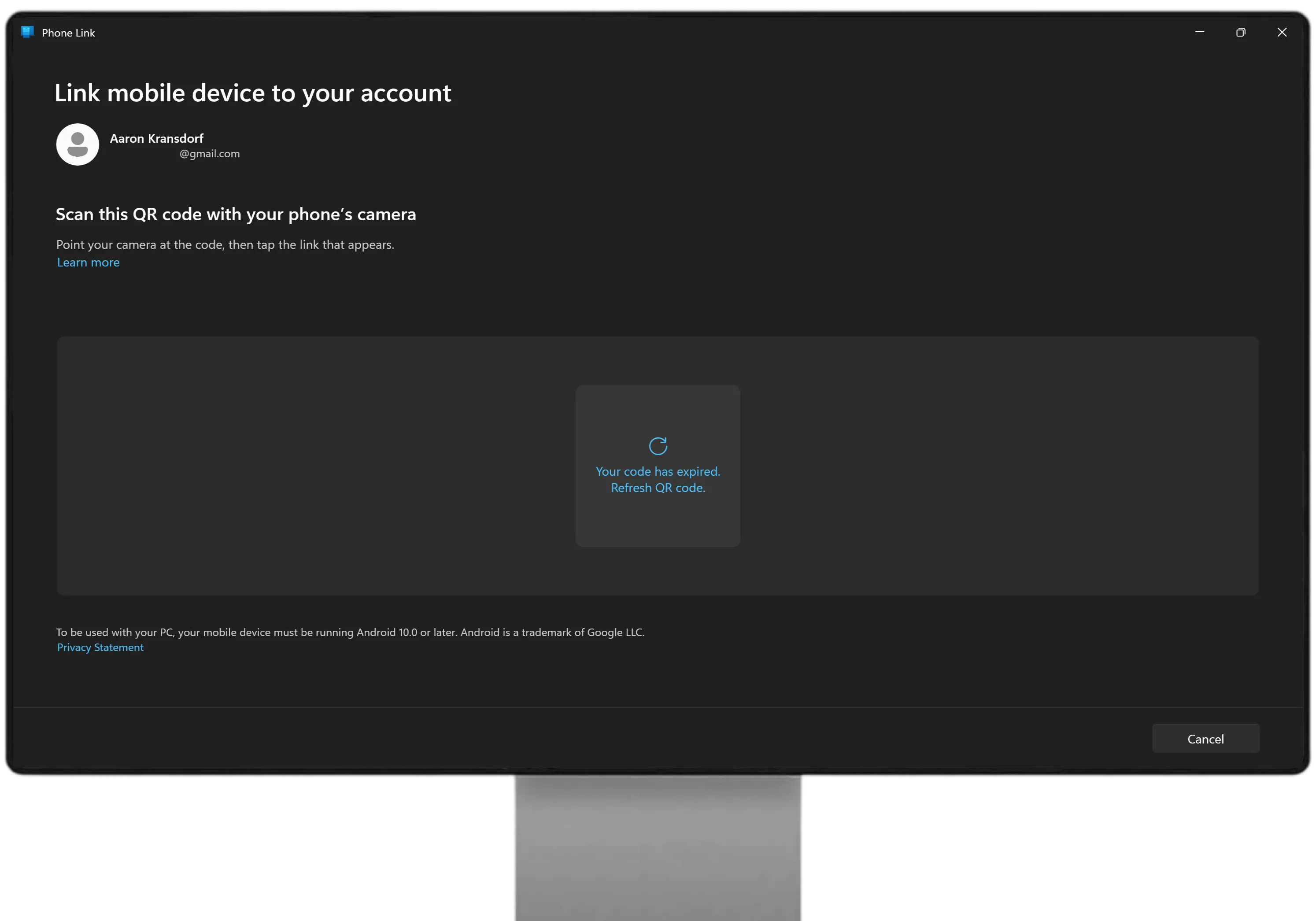 PC — Phone Link window with blank/empty QR area