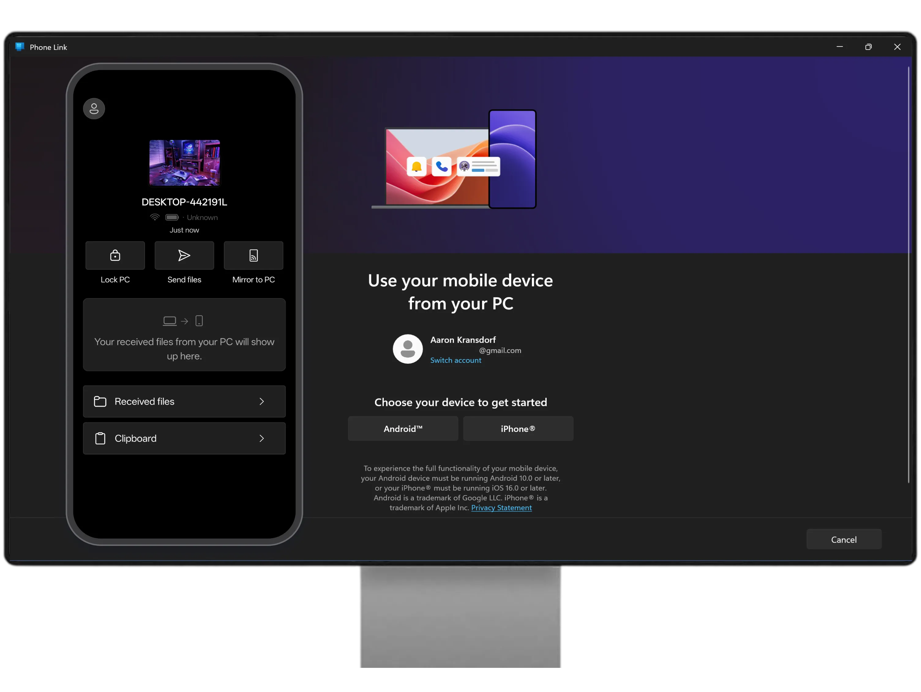 side-by-side — phone showing connected vs PC frozen on "Choose your device"