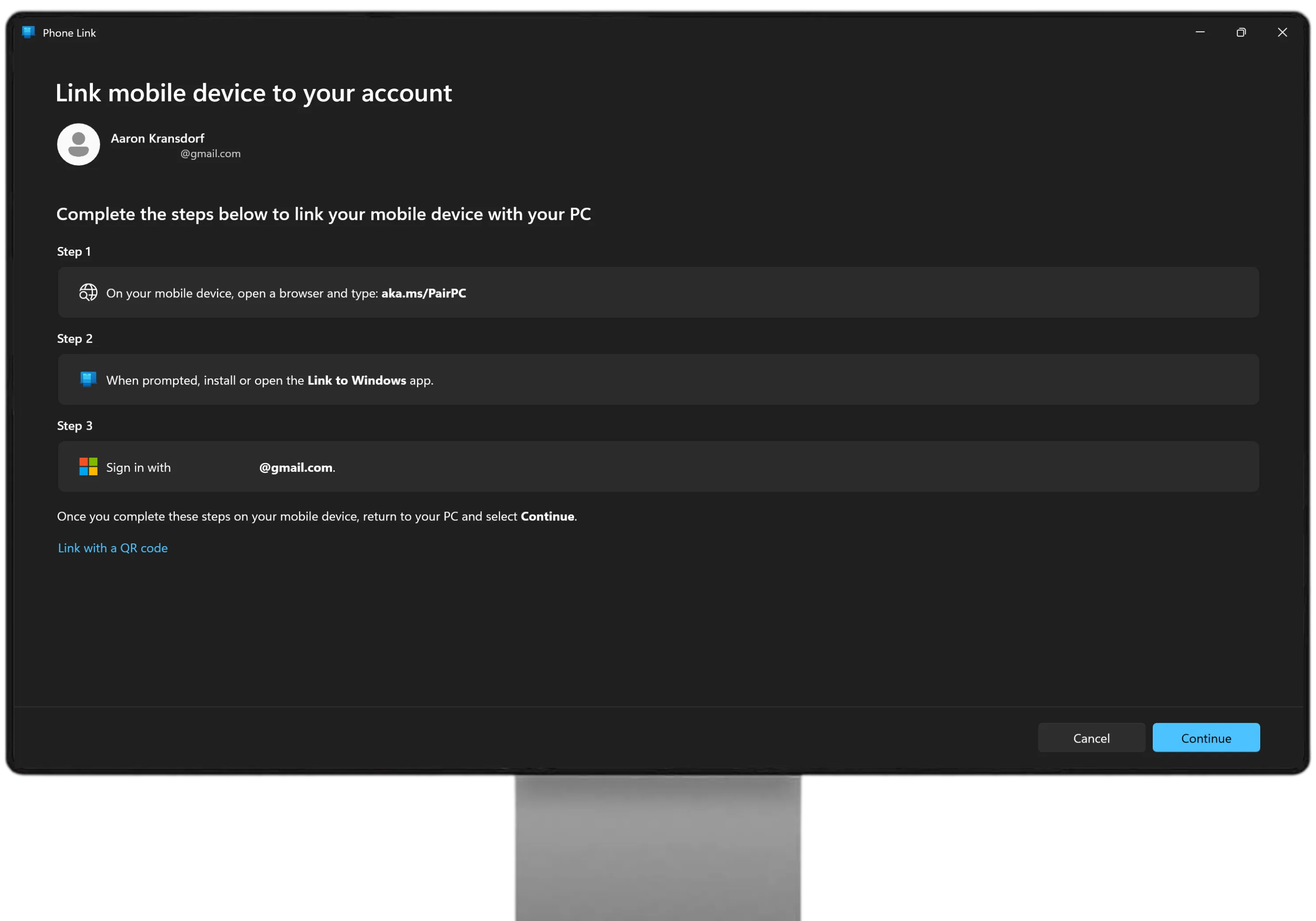 PC — "Link mobile device to your account"