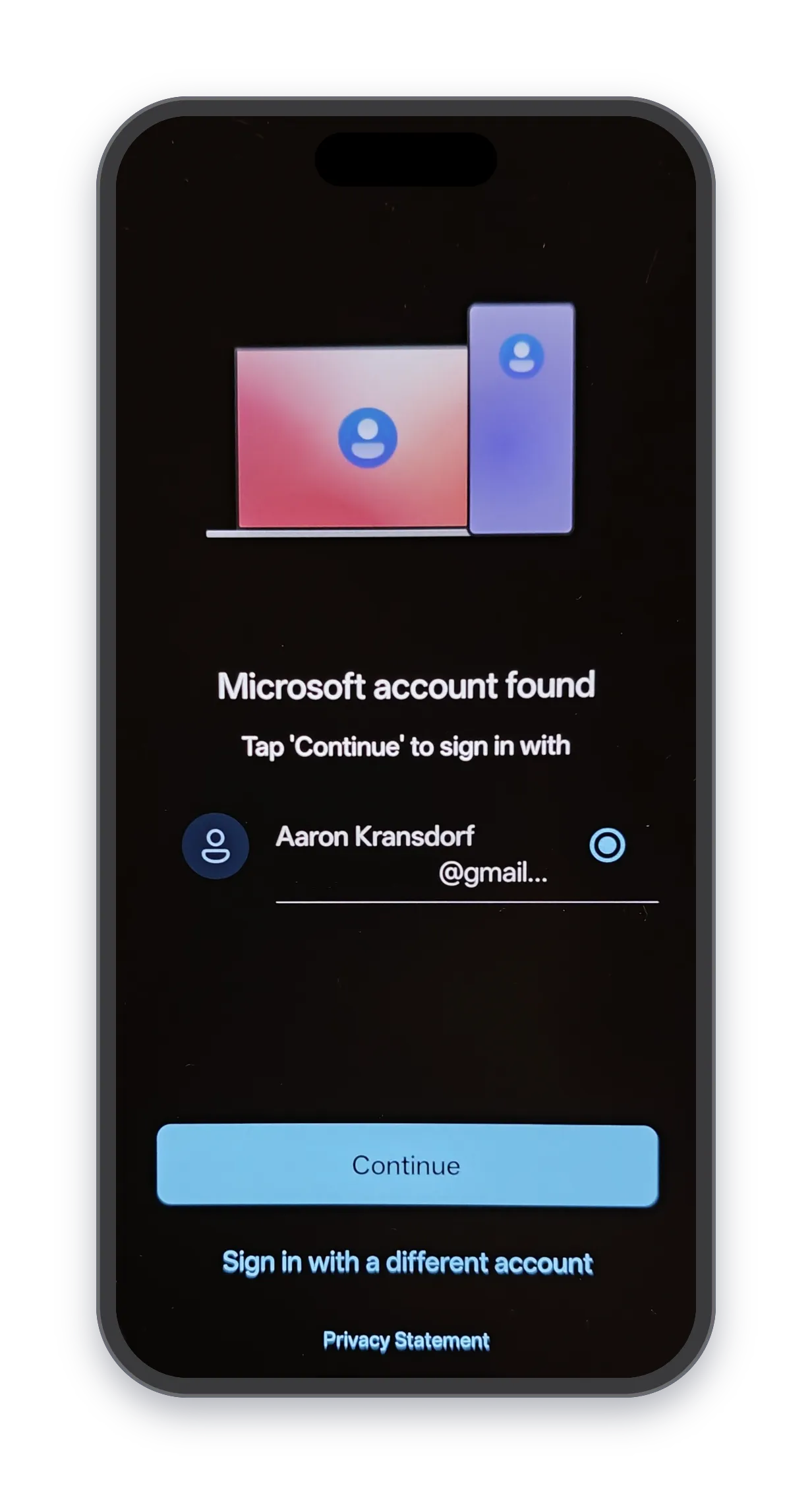 phone — "Microsoft account found — tap continue to sign in"