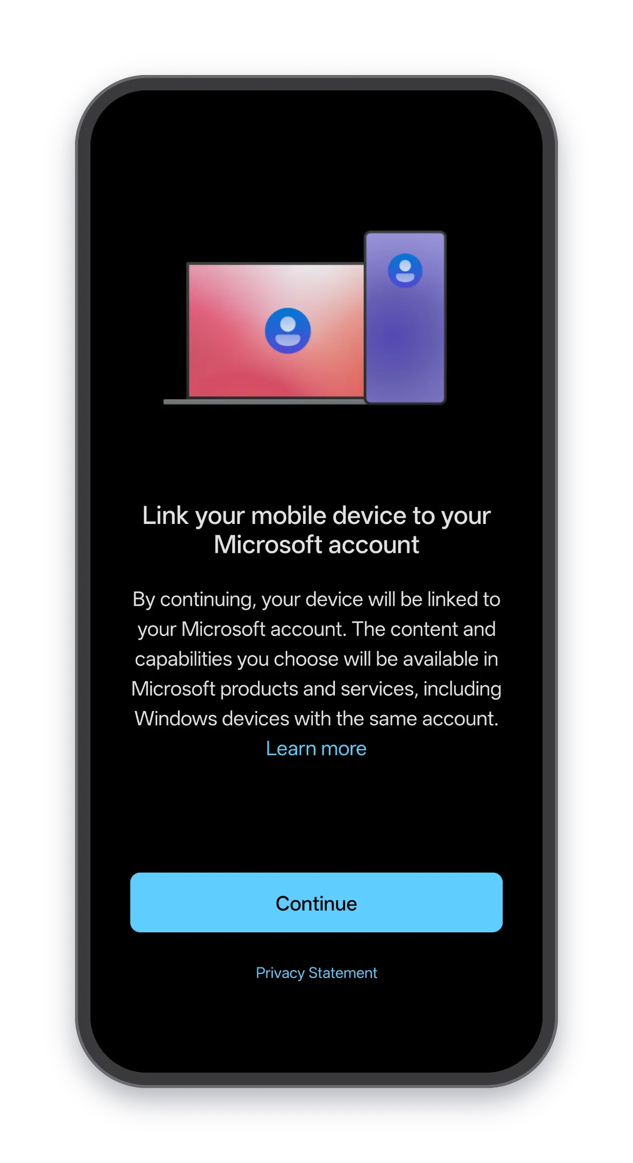 phone — "By continuing, your device will be linked to your Microsoft account…"