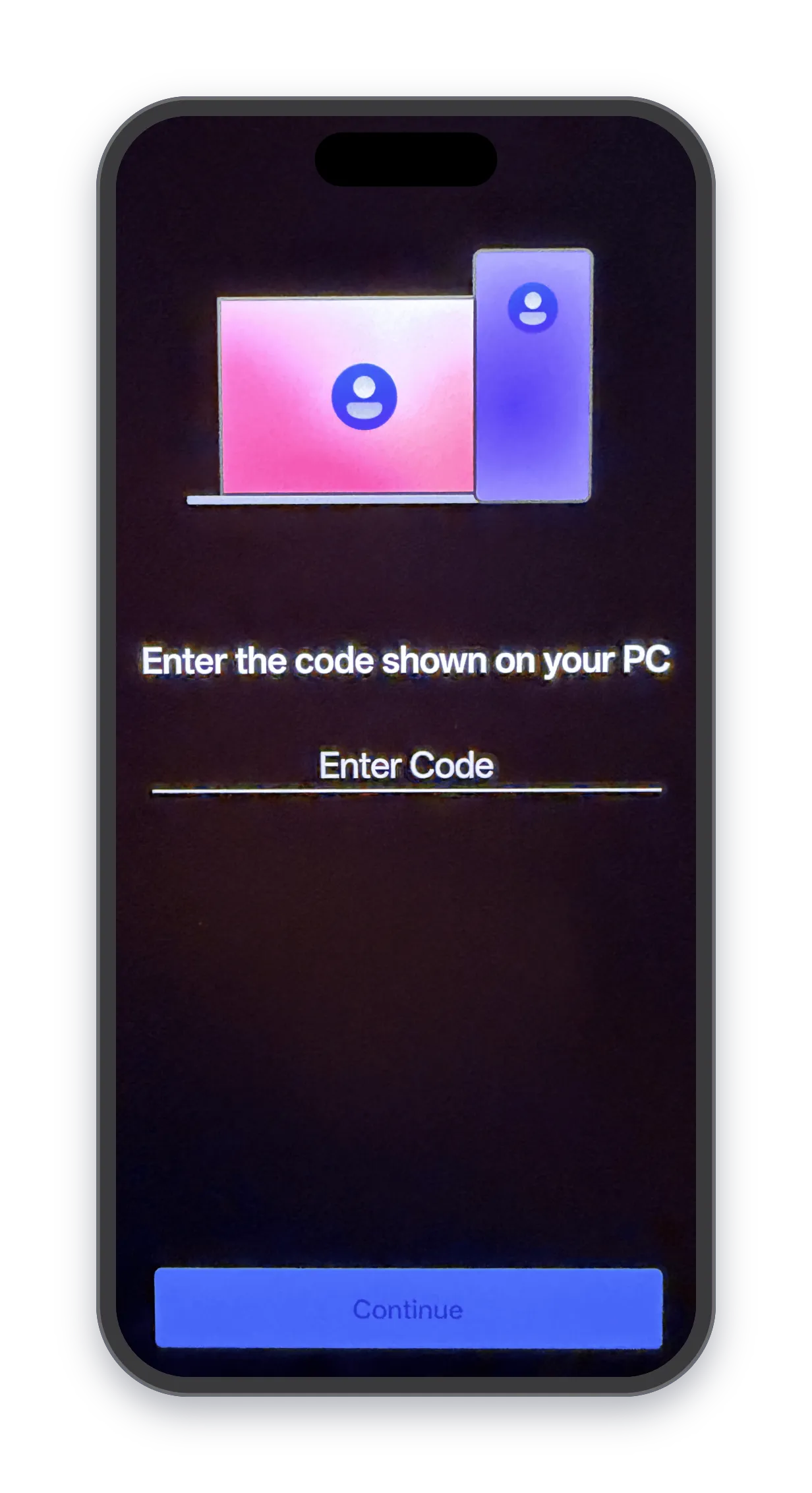 phone — "Enter the code shown on your PC."