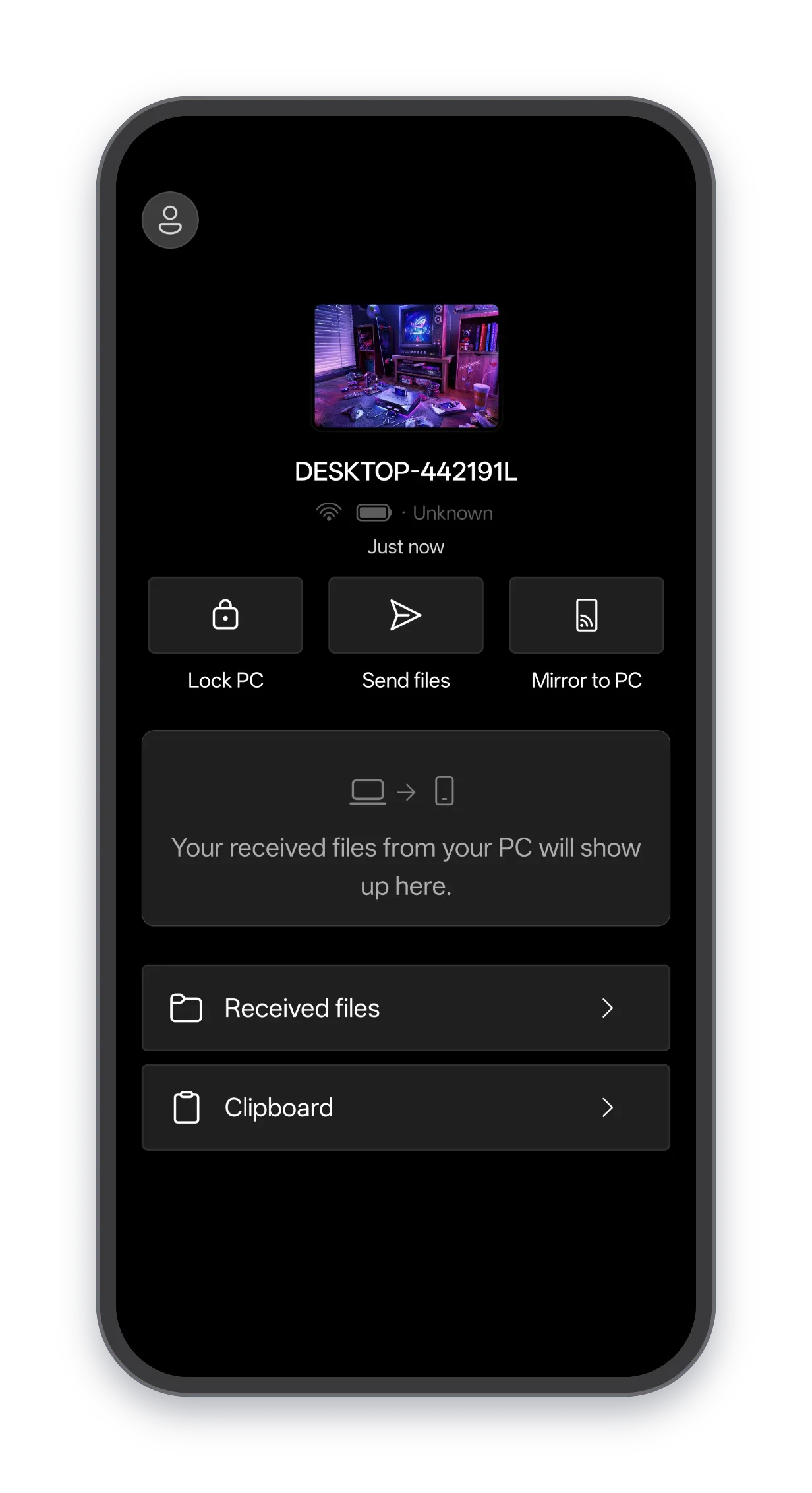 phone — the connected screen, showing your PC name, battery and last-online