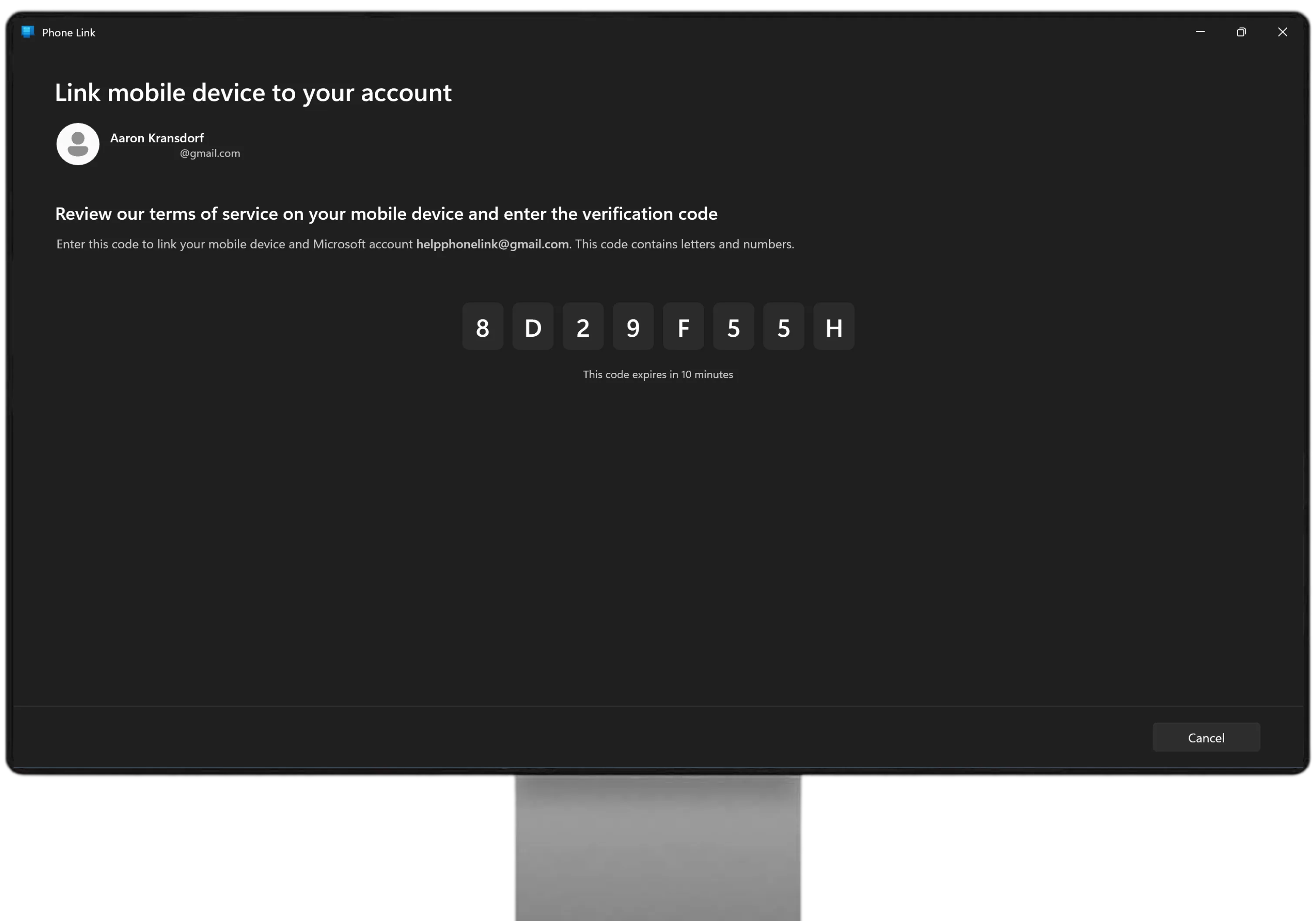 PC — the alphanumeric pairing code with "expires in 10 minutes"
