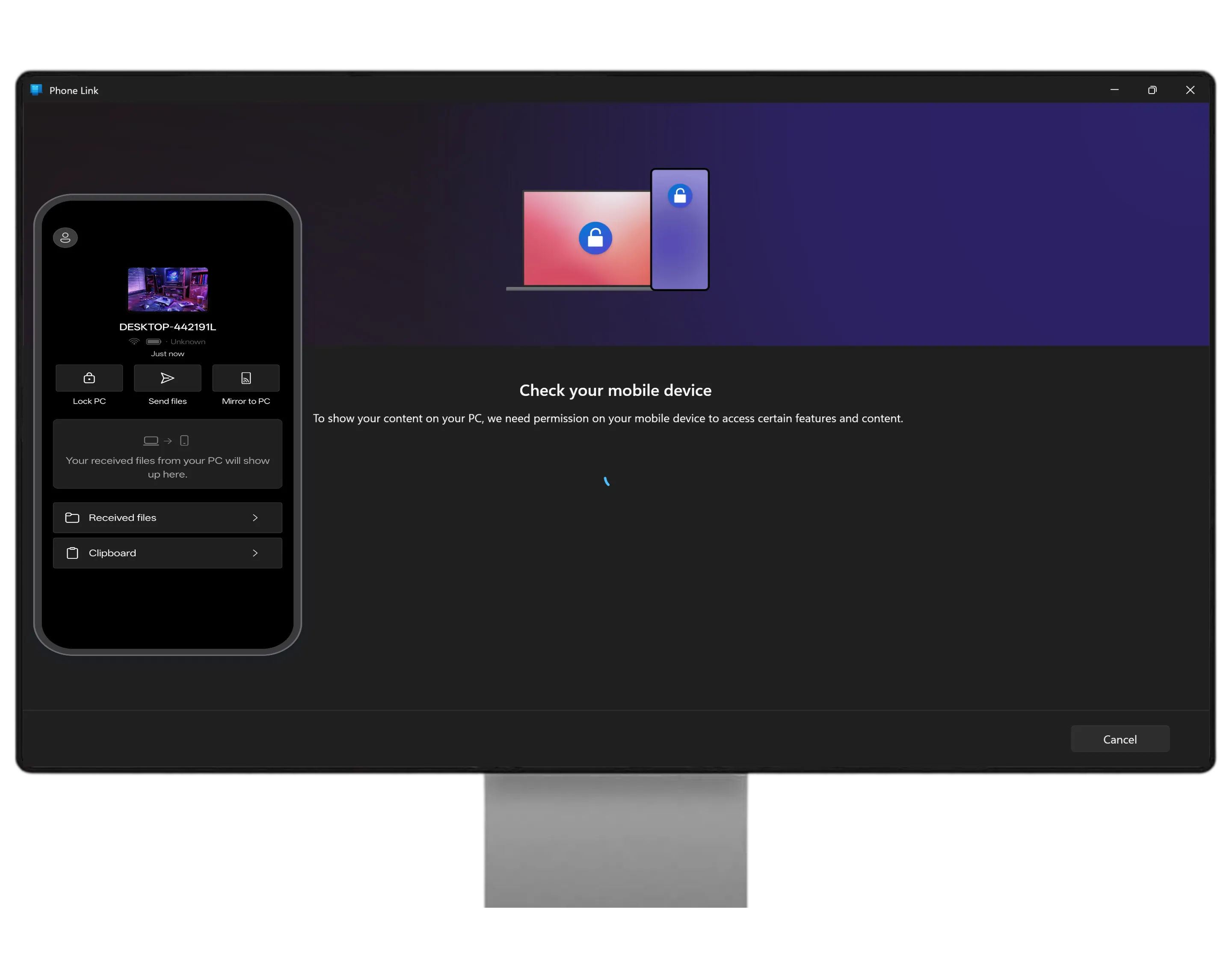 side-by-side — phone connected vs PC frozen on "Check your mobile device"