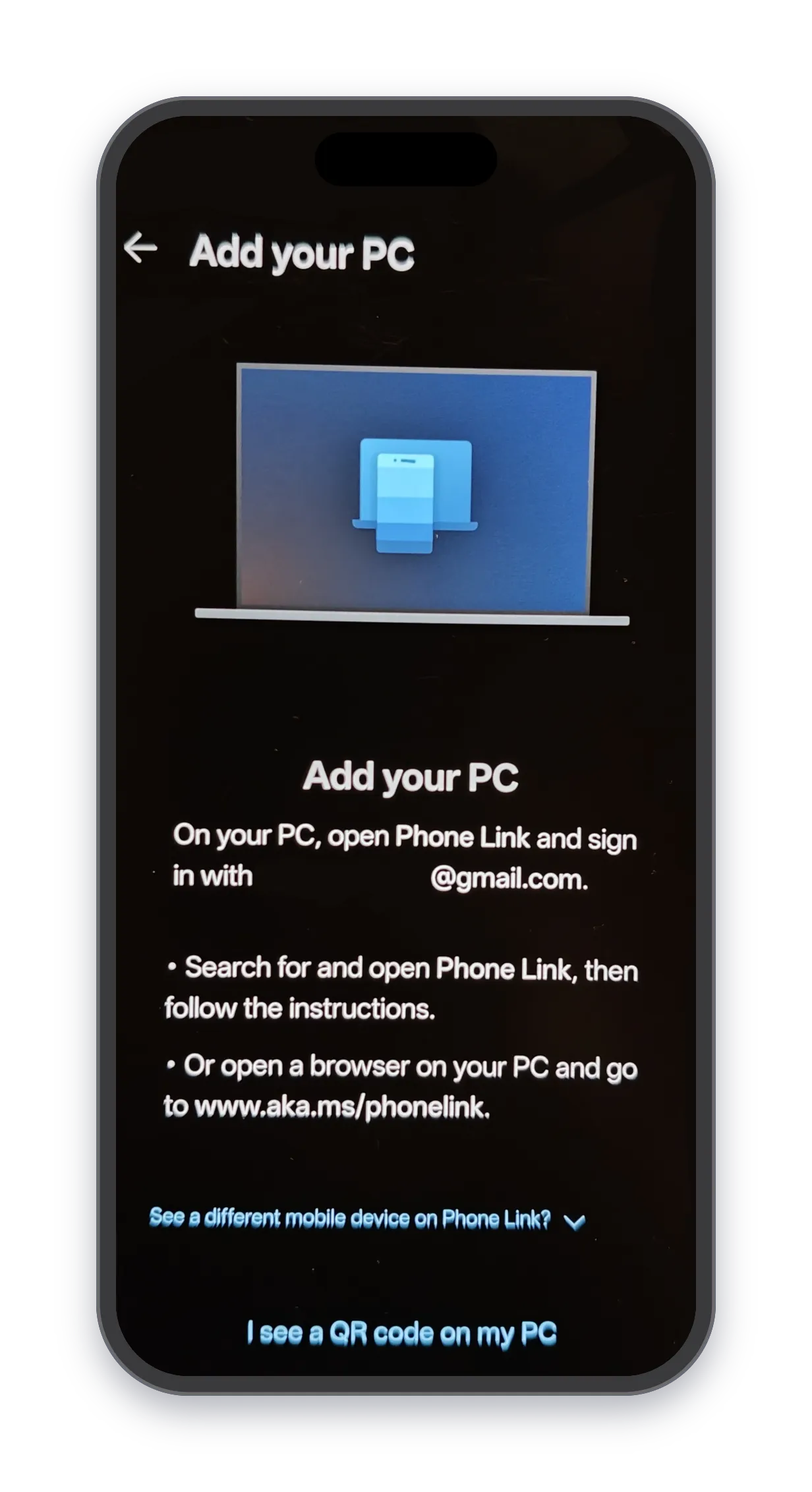 phone — "On your PC, open Phone Link and sign in with your email address… Search for and open Phone Link, then fol