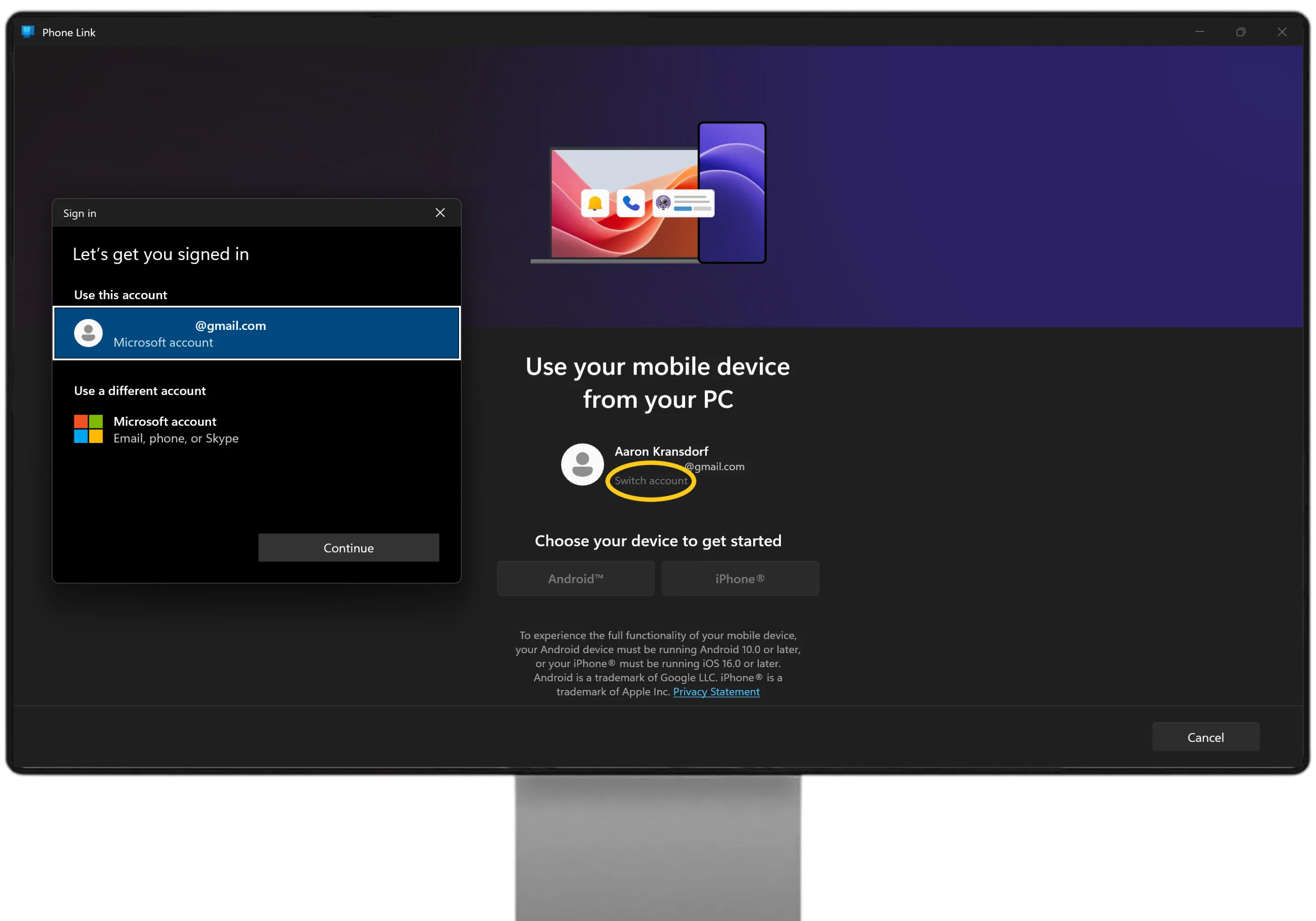 PC — Phone Link sign-in showing the Microsoft account